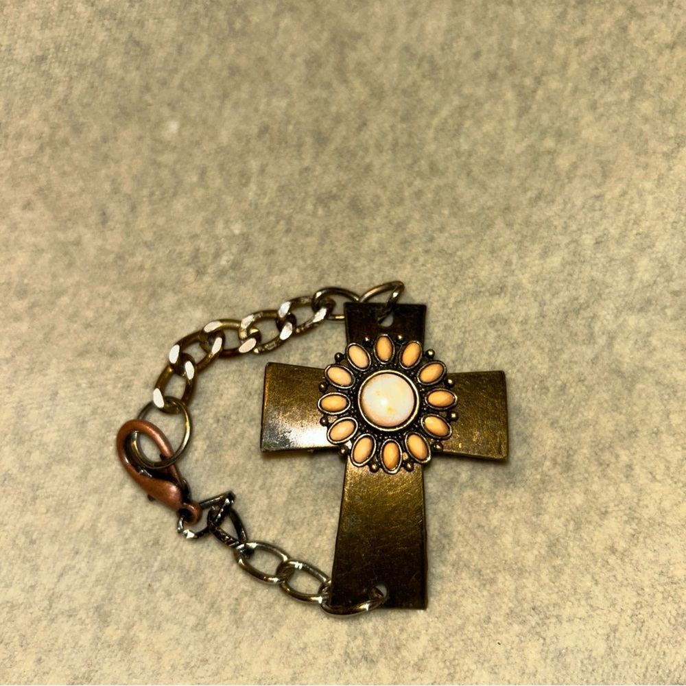Vintage Bronze Cross Bracelet with Floral Accent